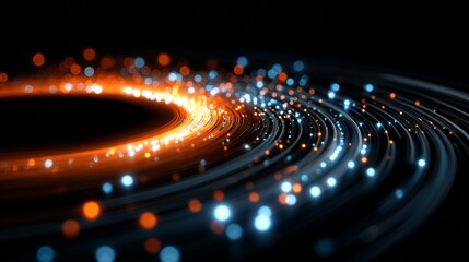 Dynamic digital data streams flow with vibrant orange and blue bokeh lights on black