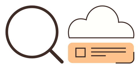 Wall Mural - Magnifying glass beside cloud with a file represents searching, analyzing, and accessing online data. Ideal for cloud computing, file management, data analysis, technology, research, information
