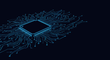 Abstract illustration of a microchip on a dark blue background with glowing lines