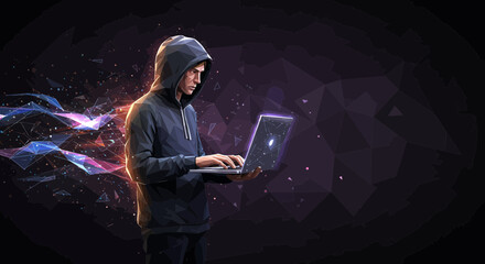 Digital age hacker with a laptop, illustrating cybersecurity and data breach