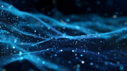 Dynamic abstract digital network of glowing blue particles flowing through a dark, futuristic cyberspace creating an elegant, modern, and sophisticated technological backdrop.