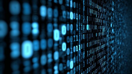 Dynamic digital stream of glowing blue binary code flowing across a dark futuristic background, representing data and technology concepts.