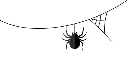 A simple graphic illustration of a black spider hanging from a single silk thread on its web.
