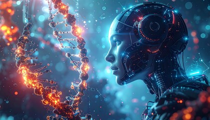 Futuristic robot gazing at DNA