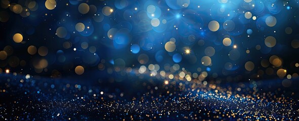 A mesmerizing blue and gold bokeh background with shimmering lights creating a festive atmosphere