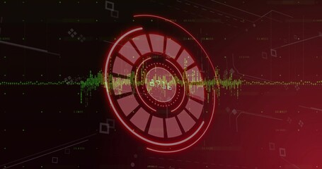Wall Mural - central red circular hud element glowing in interface display, with green waveform and data nodes