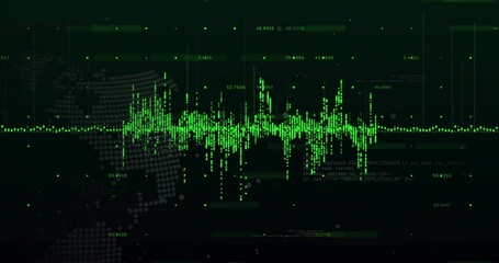 Wall Mural - displaying green waveform across console with grid lines, map silhouette and code fragments
