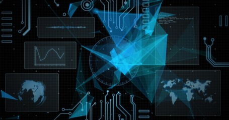 Wall Mural - holographic network rotating in command display, with translucent data panels and circuit traces