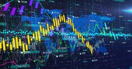 Wall Mural - Yellow candlestick bars oscillating in digital trading dashboard, with numeric labels and world map
