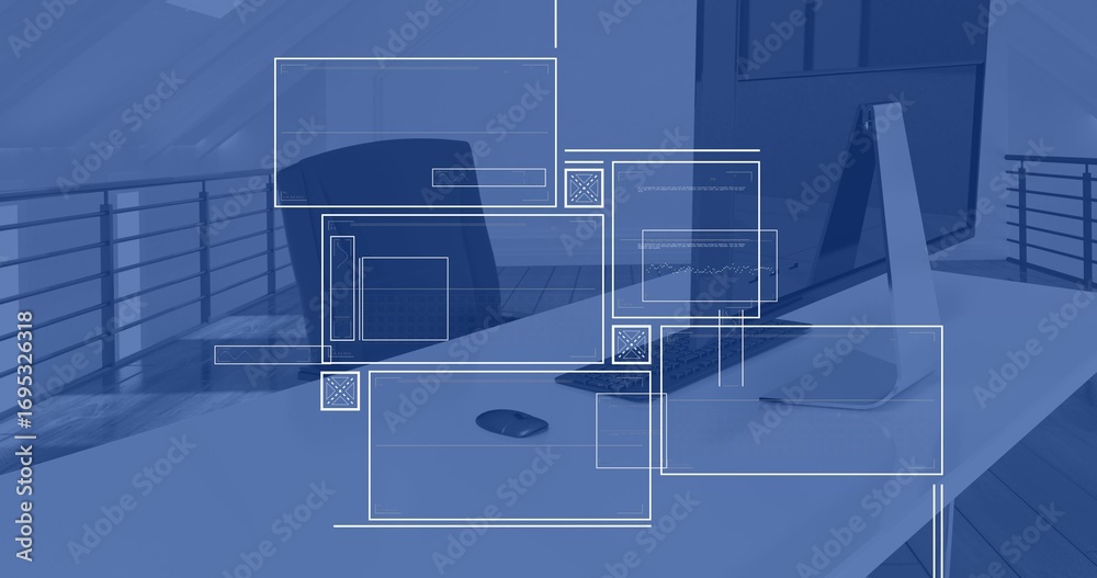 Displaying UI wireframe overlays over desk with computer setup ...