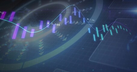 Wall Mural - showing data visualization on screen, with glowing curved line graph and vertical bar charts