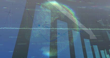 Wall Mural - Displaying 3D point-cloud globe hovering over digital dashboard, with bar charts and line graph