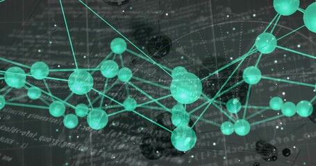 Wall Mural - floating abstract network hovering over dark canvas, with teal spheres, thin lines and code text