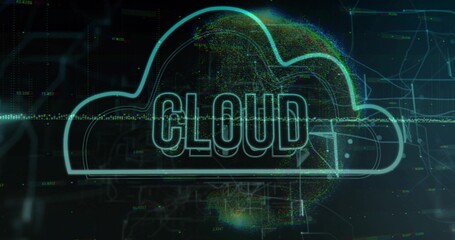 Wall Mural - neon cloud icon showing cloud hovering over grid with numeric data streams and wireframe patterns