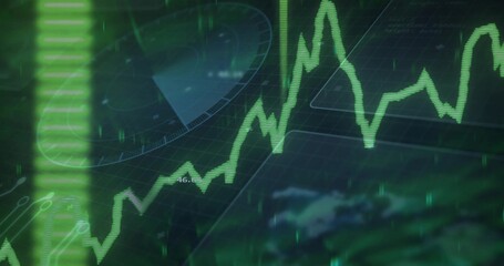 Wall Mural - showing green jagged line graph fluctuating across grid on virtual dashboard with radar element