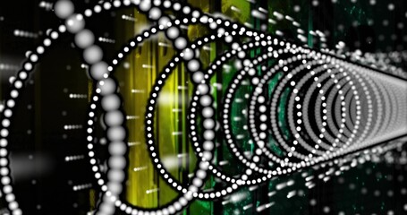Wall Mural - Extending concentric rings of white spheres into digital tunnel, with glowing panels and particles