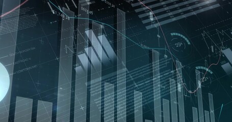 Wall Mural - Dashboard showing bar charts and line graph in digital interface, numeric labels and gauge charts