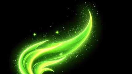 Wall Mural - Bright Green Abstract Energy Wave with Sparkles and Light in Deep Black Background for Futuristic or Fantasy Designs in Digital Art