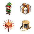 © joeycheung - A collection of festive isometric vector style stickers, featuring an elf, a wrapped gift, a glowing firework, and a glittering top hat.