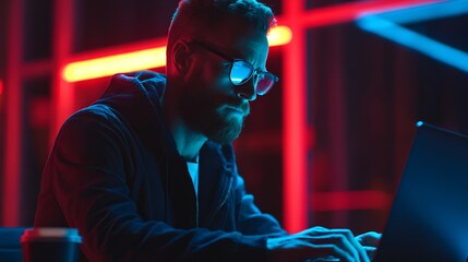 Focused programmer wearing glasses intently typing on laptop in vibrant neon-lit room, modern tech concept