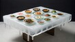 © Rian - Assorted dishes on ice table sculpture against dark background. Suitable for restaurant menu design or food blog.