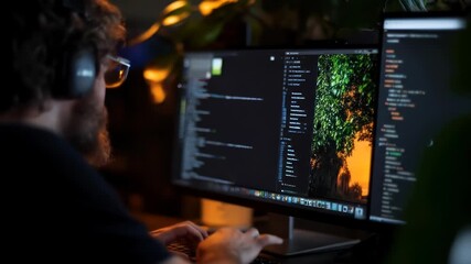 Focused developer working late at night, coding with dual monitors and headphones, achieving goals