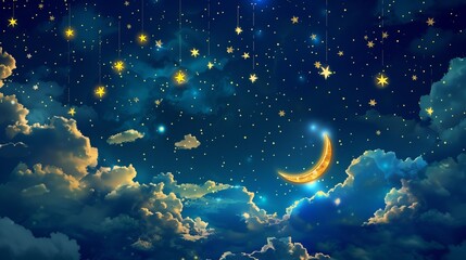 Wall Mural - Sparkling night sky with crescent moon and glowing stars, dreamy fairytale illustration, kids story theme.