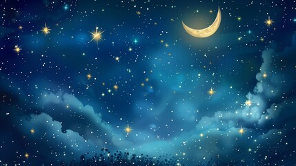 Wall Mural - Sparkling night sky with crescent moon and glowing stars, dreamy fairytale illustration, kids story theme.