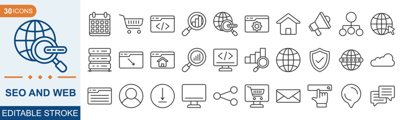 SEO AND WEB icon set editable. content, server, homepage, web design, internet and more. Vector illustration eps 10