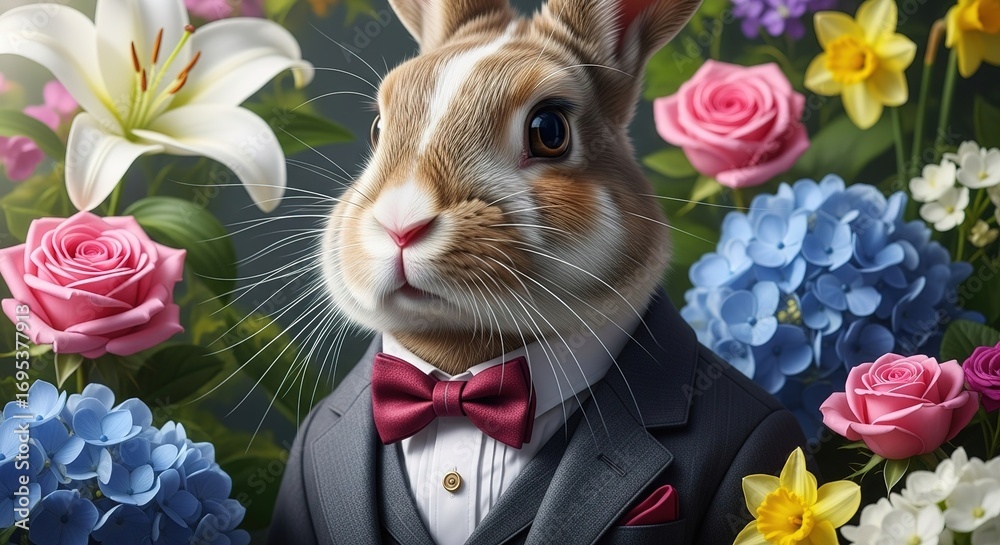 Dapper Rabbit in Tuxedo Surrounded by Floral Splendor, a Portrai Stock ...
