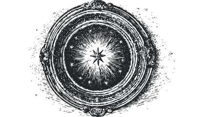 Wall Mural - Antique ornamental oval frame with radiating star and celestial elements. Vector hand drawn illustration