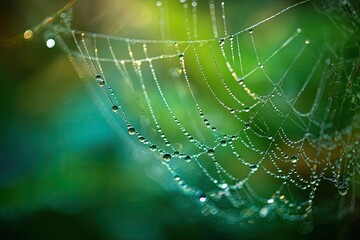Dew-kissed spiderweb in vibrant greens and golds