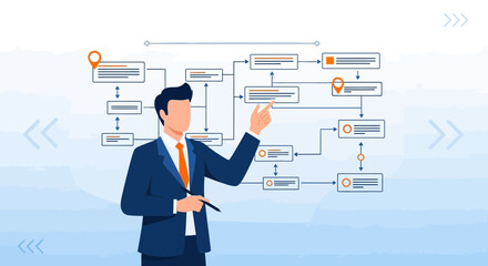Business Professional Explaining Project Map With Flowchart Elements And Data Presentation