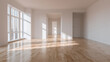 © Naret - Hardwood floor minimalism natural light open concept modern interior spacious empty room flooded with sunlight through large windows evoking