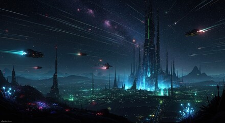 Wall Mural - Futuristic city in space, surrounded by alien ships