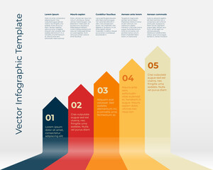 Vector infographic with colorful ribbons in red, orange, and dark blue, forming a growth diagram with text explanation for business development concept