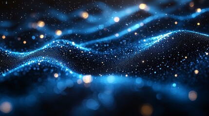 Wall Mural - Glowing blue particles wave, dark background