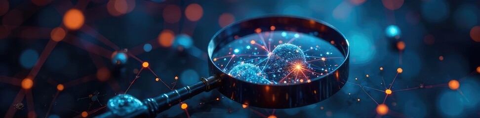 A magnifying glass meticulously examines a complex network of interconnected nodes, symbolizing the process of searching for and observing intricate details within a vast system , complex, search