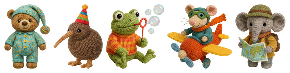 Wall Mural - PNG Colorful knitted animal toys, element set on transparent background
