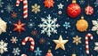© Aldabra Studio - Festive seamless Christmas pattern featuring snowflakes, stars, candy canes, baubles, and holiday decorations in a playful cartoon style on a teal background