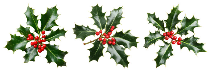 Wall Mural - png festive holly leaves with berries, element set on transparent background