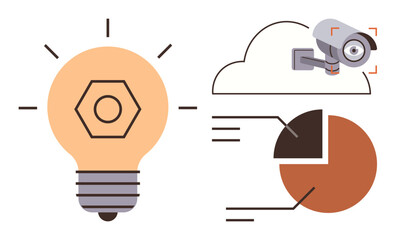Light bulb with gear motif, cloud hosting a security camera, and pie chart highlighting analytics. Ideal for technology, innovation, security, data analysis, cloud computing, business strategy