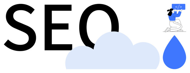 SEO text, blue cloud, blue raindrop, developer coding on laptop. Ideal for SEO, web development, programming, digital marketing, cloud computing data optimization simple landing page