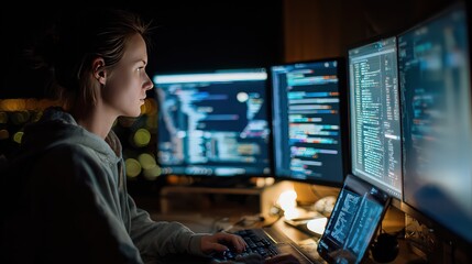 Focused female programmer immersed in coding on multiple monitors in a dimly lit workspace at night