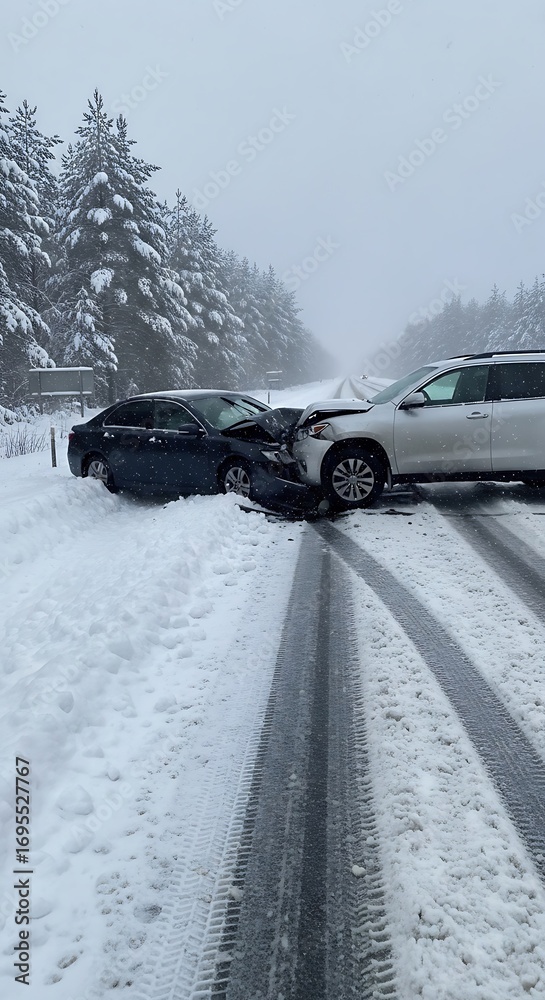 Two damaged vehicles are situated on a snowy highway, a winter scene of ...