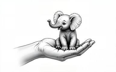 World Animal Day on October 4. Baby elephant sits in human palm. Responsibility for welfare of wild animals. Protection of life and habitat of animals. Ecology. Sketch, editable linear contour drawing