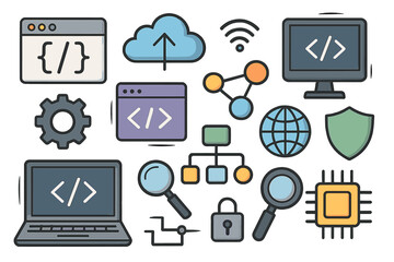 Digital technology icon set. Cartoon vector symbols for software development, programming, and computer networking. Web design, coding, cloud computing, and security concepts.