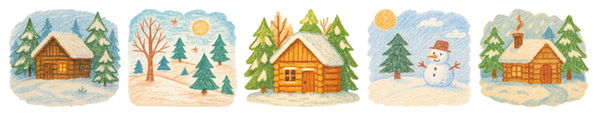 Wall Mural - png cozy winter cabin illustrations, element set on transparent background