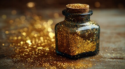 Canvas Print - golden glitter in vintage glass jar with sparkling background