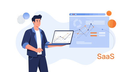 Man Presenting Business Data Analysis and Software as a Service Concept Illustration